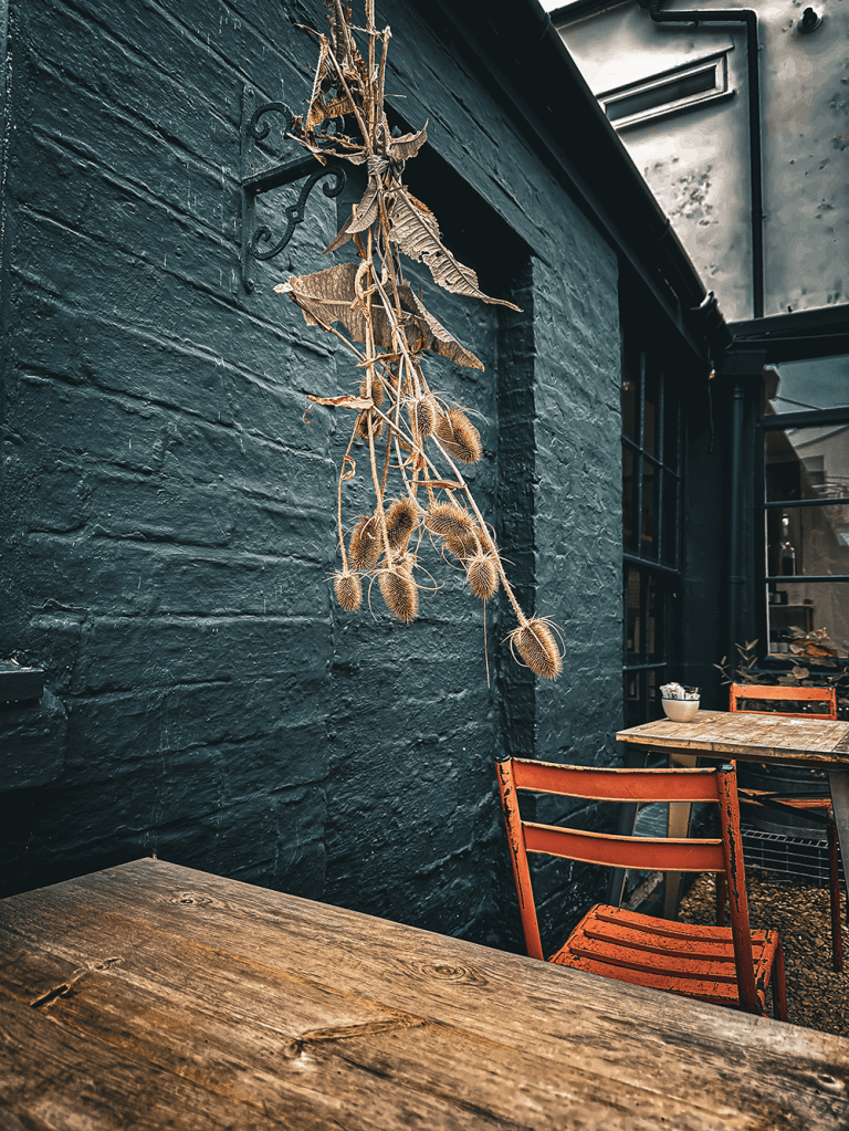 Seating are in the secret café garden at the Department of Hope Joy and Wonder in Cheltenham.