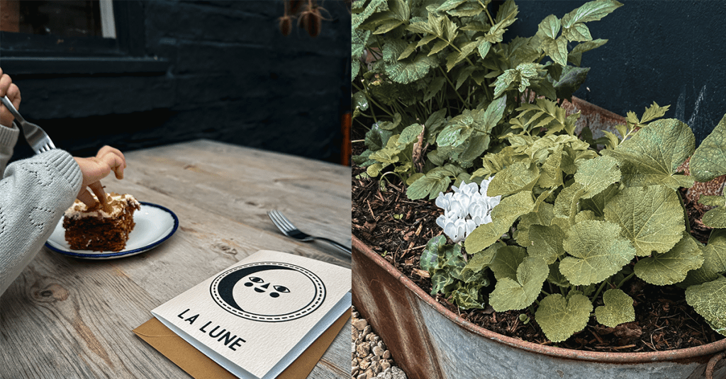 Toddler hands holding carrot cake next to moon greeting card from The Department of Hope, Joy & Wonder.